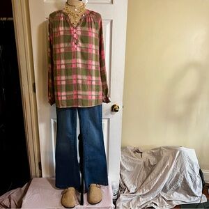 Belle Boho Kim Gravel Chiffon Plaid Artsy Preppy Button Casual Work Dress Top S‎